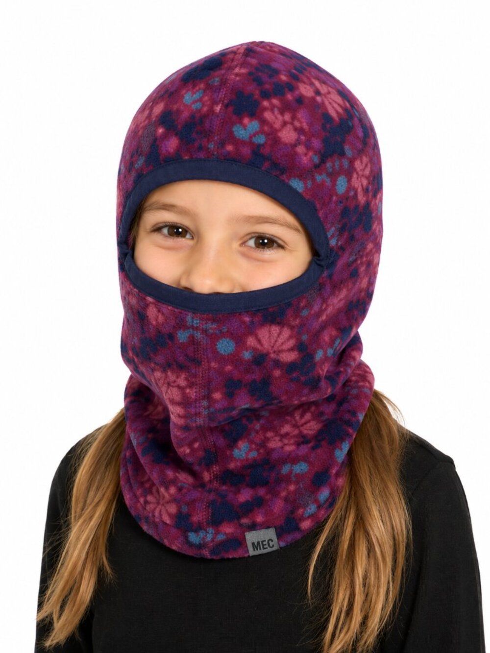MEC Polar Fleece Balaclava Purple Pink Floral Medium Winter Ski Snow Hood Cozy